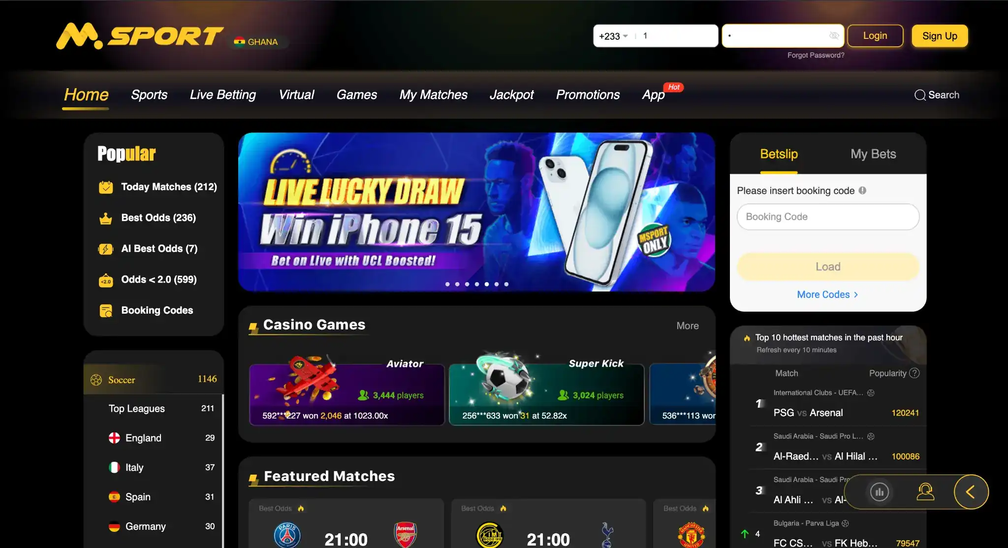 MSport Ghana main banner showcasing sports betting and casino platform interface